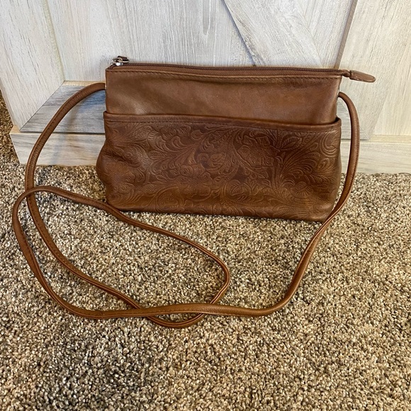 ILI New York Cheyenne East West Crossbody Bag Brown Tooled Leather Handbag - Picture 6 of 13
